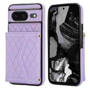 For Google Pixel 8 Splicing Rhombic Texture Card Bag Phone Case with Long Lanyard(Purple)