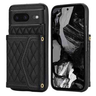 For Google Pixel 8 Splicing Rhombic Texture Card Bag Phone Case with Long Lanyard(Black)