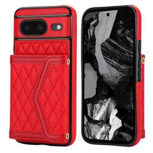 For Google Pixel 8 Splicing Rhombic Texture Card Bag Phone Case with Long Lanyard(Red)