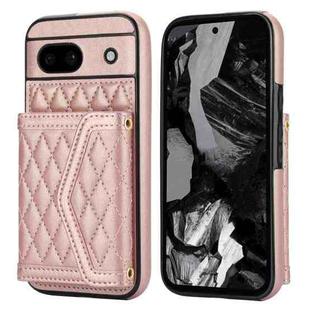 For Google Pixel 8a Splicing Rhombic Texture Card Bag Phone Case with Long Lanyard(Rose Gold)