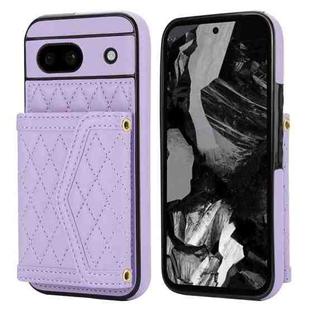 For Google Pixel 8a Splicing Rhombic Texture Card Bag Phone Case with Long Lanyard(Purple)
