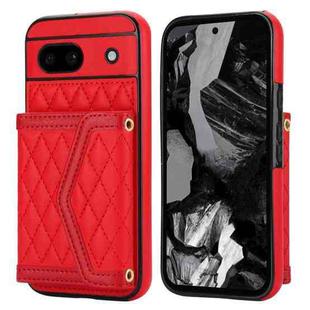 For Google Pixel 8a Splicing Rhombic Texture Card Bag Phone Case with Long Lanyard(Red)
