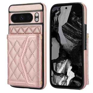 For Google Pixel 8 Pro Splicing Rhombic Texture Card Bag Phone Case with Long Lanyard(Rose Gold)