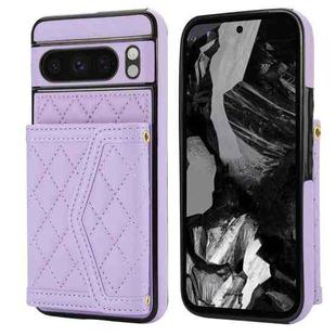 For Google Pixel 8 Pro Splicing Rhombic Texture Card Bag Phone Case with Long Lanyard(Purple)