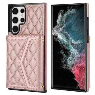 For Samsung Galaxy S22 Ultra 5G Splicing Rhombic Texture Card Bag Phone Case with Long Lanyard(Rose Gold)