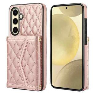 For Samsung Galaxy S24 FE 5G Splicing Rhombic Texture Card Bag Phone Case with Long Lanyard(Rose Gold)