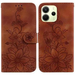 For Redmi Note 14 4G 164.84mm Lily Embossed Leather Phone Case(Brown)