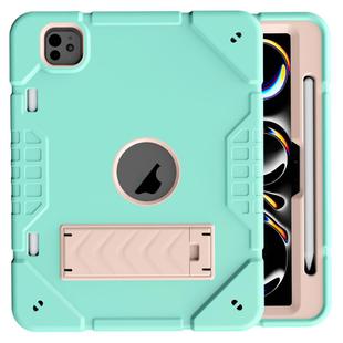 For iPad Pro 11 2024 Armor Holder Silicone Hybrid PC Tablet Case(Mint Green Gold)