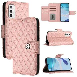 For Samsung Galaxy M52 5G Rhombic Texture Flip Leather Phone Case with Lanyard(Coral Pink)