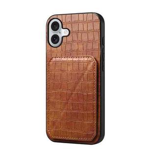 For iPhone 16 Plus Imitation Crocodile Leather Back Phone Case with Holder(Brown)