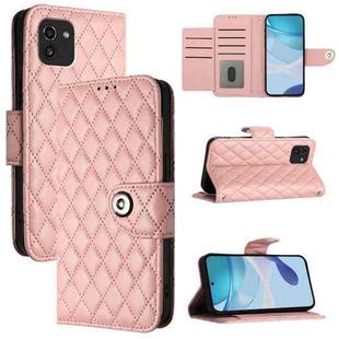 For Samsung Galaxy A03 166mm Rhombic Texture Flip Leather Phone Case with Lanyard(Coral Pink)