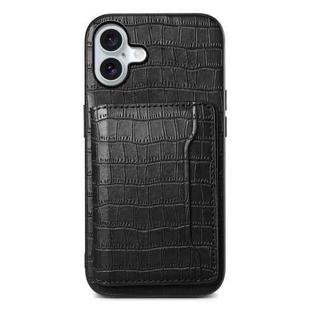 For iPhone 16 Crocodile Texture Card Bag Design Full Coverage Phone Case(Black)