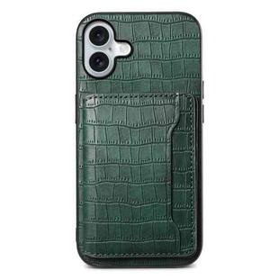 For iPhone 16 Crocodile Texture Card Bag Design Full Coverage Phone Case(Green)