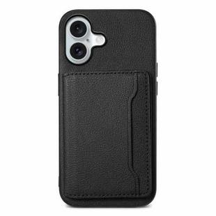 For iPhone 16 Calf Texture Card Bag Design Full Coverage Phone Case(Black)