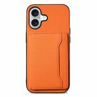 For iPhone 16 Calf Texture Card Bag Design Full Coverage Phone Case(Orange)