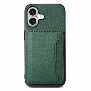For iPhone 16 Calf Texture Card Bag Design Full Coverage Phone Case(Green)
