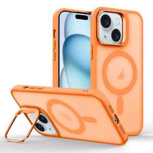 For iPhone 15 Plus Magsafe Skin Feel Lens Holder Phone Case(Orange)