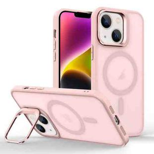 For iPhone 14 Plus Skin Feel Lens Holder Magsafe Phone Case(Pink)