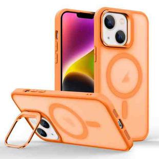 For iPhone 14 Plus Magsafe Skin Feel Lens Holder Phone Case(Orange)