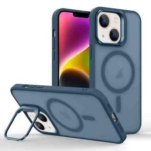 For iPhone 14 Plus Magsafe Skin Feel Lens Holder Phone Case(Dark Blue)