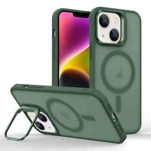 For iPhone 14 Magsafe Skin Feel Lens Holder Phone Case(Deep Green)