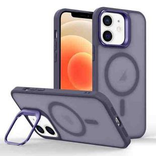 For iPhone 12 Skin Feel Lens Holder Magsafe Phone Case(Deep Purple)