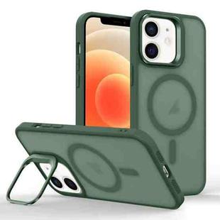 For iPhone 12 Magsafe Skin Feel Lens Holder Phone Case(Deep Green)