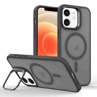 For iPhone 12 Magsafe Skin Feel Lens Holder Phone Case(Titanium Black)