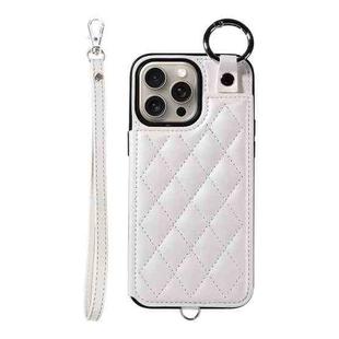 For iPhone 15 Pro Max Rhombic Texture Card Bag Phone Case with Short Lanyard(White)