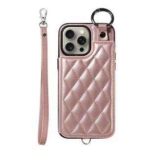 For iPhone 15 Pro Max Rhombic Texture Card Bag Phone Case with Short Lanyard(Rose Gold)