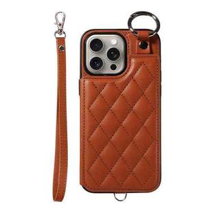 For iPhone 15 Pro Max Rhombic Texture Card Bag Phone Case with Short Lanyard(Brown)