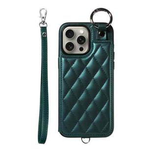 For iPhone 15 Pro Max Rhombic Texture Card Bag Phone Case with Short Lanyard(Green)