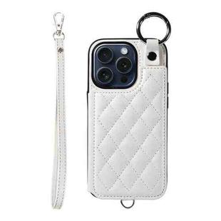 For iPhone 15 Pro Rhombic Texture Card Bag Phone Case with Short Lanyard(White)