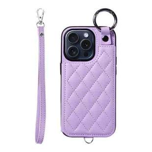 For iPhone 15 Pro Rhombic Texture Card Bag Phone Case with Short Lanyard(Purple)