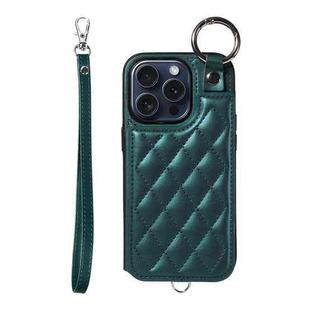 For iPhone 15 Pro Rhombic Texture Card Bag Phone Case with Short Lanyard(Green)