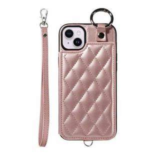 For iPhone 15 Plus / 14 Plus Rhombic Texture Card Bag Phone Case with Short Lanyard(Rose Gold)