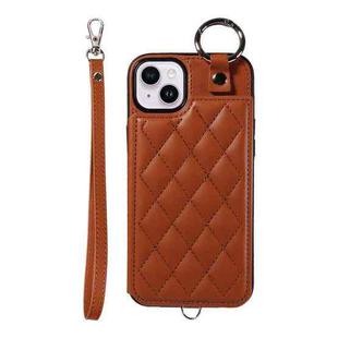 For iPhone 15 Plus / 14 Plus Rhombic Texture Card Bag Phone Case with Short Lanyard(Brown)