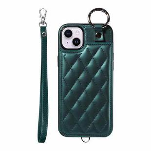 For iPhone 15 Plus / 14 Plus Rhombic Texture Card Bag Phone Case with Short Lanyard(Green)