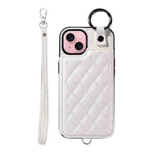 For iPhone 15 Rhombic Texture Card Bag Phone Case with Short Lanyard(White)