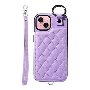 For iPhone 15 Rhombic Texture Card Bag Phone Case with Short Lanyard(Purple)