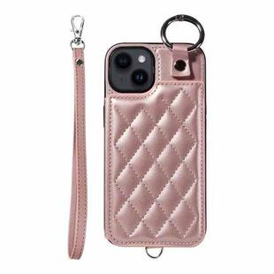 For iPhone 14 Rhombic Texture Card Bag Phone Case with Short Lanyard(Rose Gold)