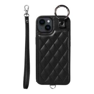 For iPhone 14 Rhombic Texture Card Bag Phone Case with Short Lanyard(Black)