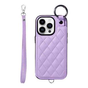 For iPhone 14 Pro Rhombic Texture Card Bag Phone Case with Short Lanyard(Purple)