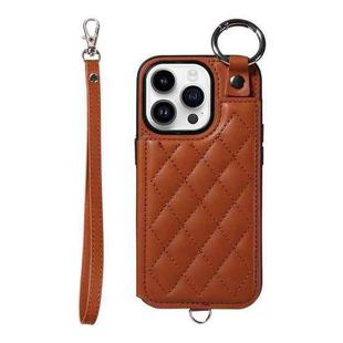 For iPhone 14 Pro Rhombic Texture Card Bag Phone Case with Short Lanyard(Brown)