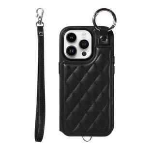 For iPhone 14 Pro Rhombic Texture Card Bag Phone Case with Short Lanyard(Black)