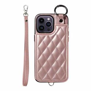 For iPhone 14 Pro Max Rhombic Texture Card Bag Phone Case with Short Lanyard(Rose Gold)