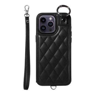 For iPhone 14 Pro Max Rhombic Texture Card Bag Phone Case with Short Lanyard(Black)