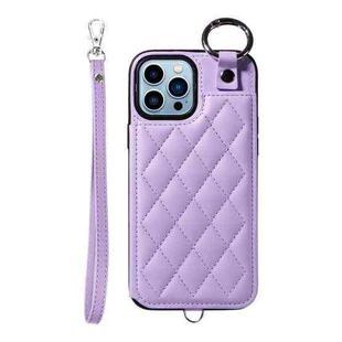 For iPhone 13 Pro Max Rhombic Texture Card Bag Phone Case with Short Lanyard(Purple)