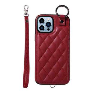 For iPhone 13 Pro Max Rhombic Texture Card Bag Phone Case with Short Lanyard(Wine Red)