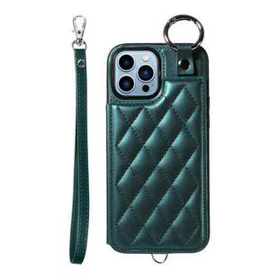 For iPhone 13 Pro Max Rhombic Texture Card Bag Phone Case with Short Lanyard(Green)